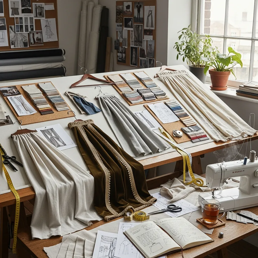 Designer workspace showcasing fabric swatches, measurement tools, and custom curtain samples